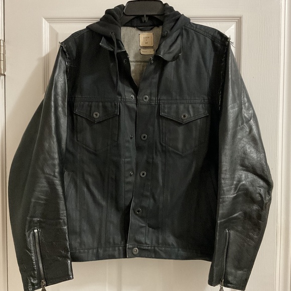 Men’s Gap En Noir Waxed Denim and Leather Biker Jacket, Large - Picture 1 of 9